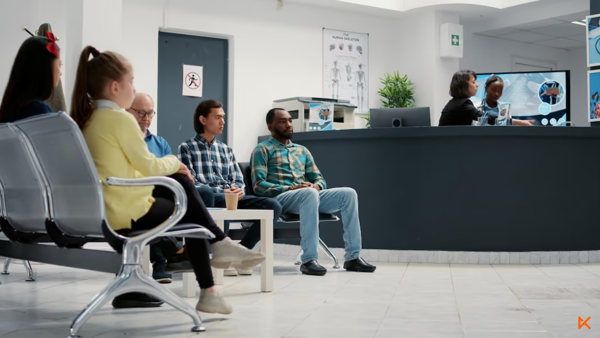 Recepción con sala de espera en donde la gente descansa sentada en bancas tipo aeropuerto