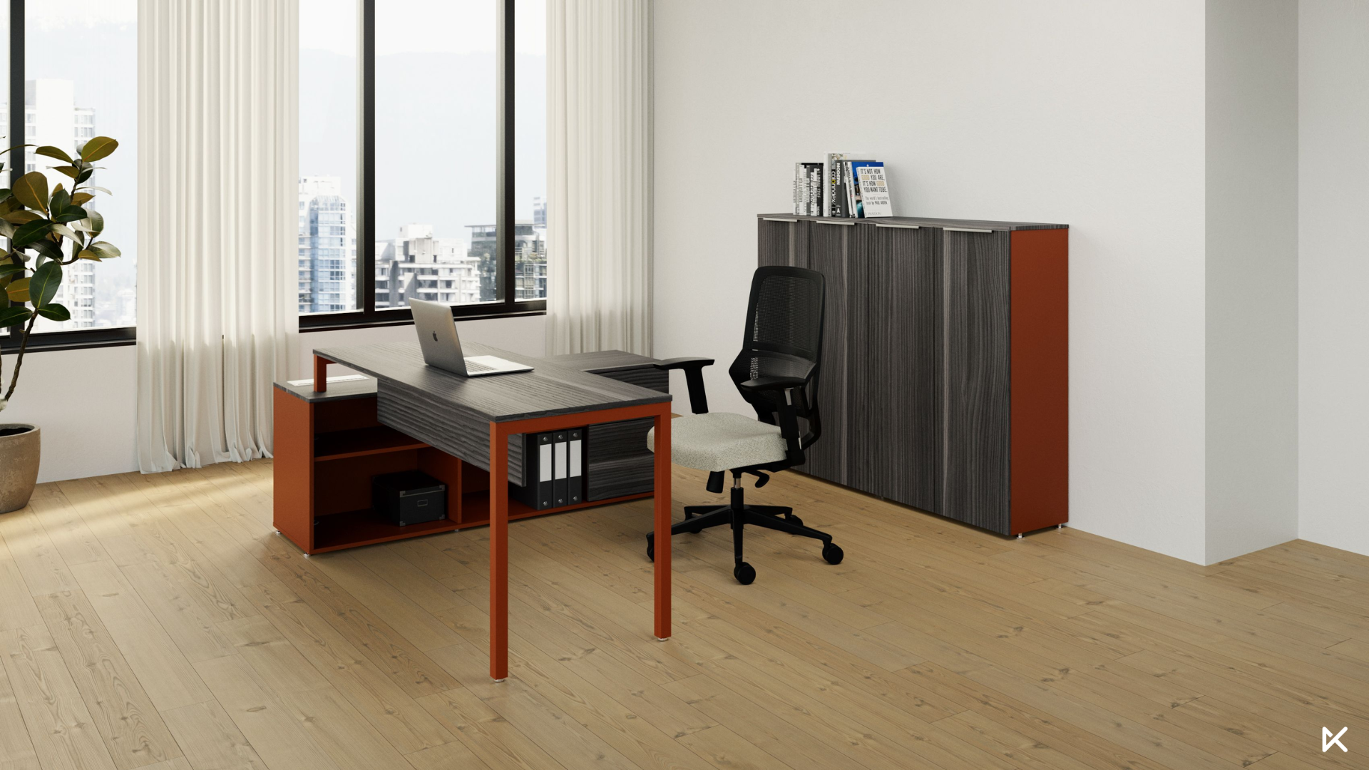 Oficina moderna, minimalista, con muebles de la colección Trazzo de Klugu